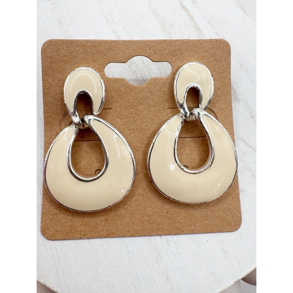 Napier Vintage Cream Enamel Door Knocker Drop Earrings Pierced
